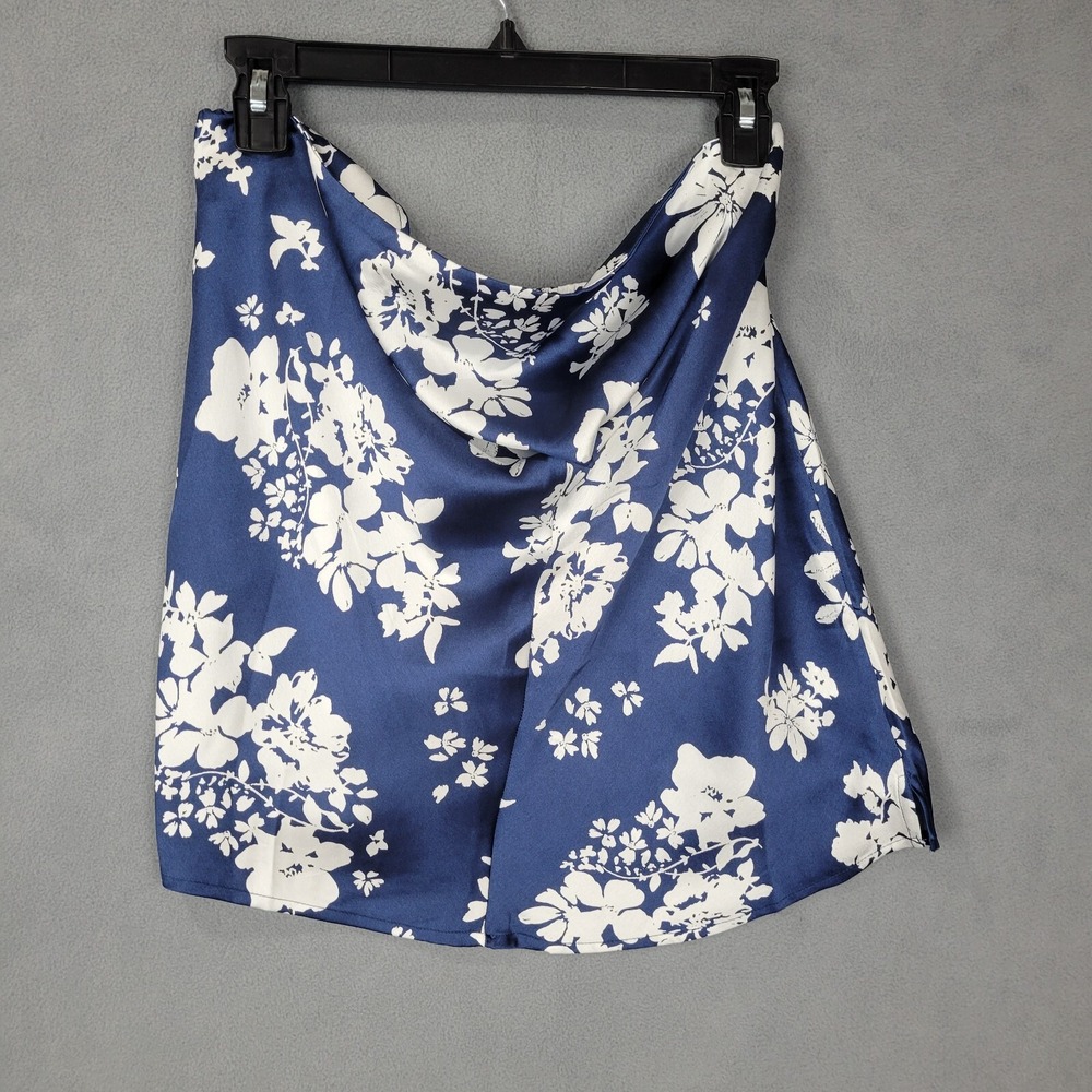 Elan Tube Top Women's Medium Blue White Floral Satin Pleated Pullover Y2K Retro